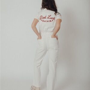 P&Co Bad Luck Sucker White Short Sleeve Mechanic Jumpsuit